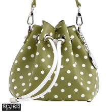 Load image into Gallery viewer, SCORE! Sarah Jean Small Crossbody Polka dot BoHo Bucket Bag - Olive Green and White
