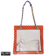 Load image into Gallery viewer, SCORE! Andrea Large Clear Designer Tote for School, Work, Travel - Orange, White and Royal Purple
