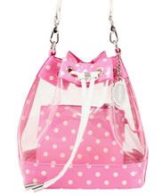 Load image into Gallery viewer, SCORE! Clear Sarah Jean Designer Crossbody Polka Dot Boho Bucket Bag-Pink and White

