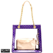 Load image into Gallery viewer, SCORE! Andrea Large Clear Designer Tote for School, Work, Travel - Royal Purple and Gold Gold
