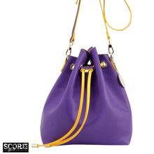 Load image into Gallery viewer, SCORE! Sarah Jean Crossbody Large BoHo Bucket Bag - Purple and Gold Yellow
