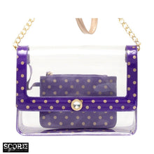Load image into Gallery viewer, SCORE! Chrissy Medium Designer Clear Cross-body Bag -Royal Purple and Metallic Gold
