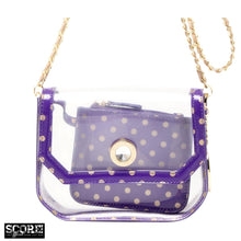 Load image into Gallery viewer, SCORE! Chrissy Small Designer Clear Crossbody Bag - Purple and Gold Gold
