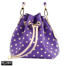 Load image into Gallery viewer, SCORE! Sarah Jean Small Crossbody Polka dot BoHo Bucket Bag - Purple and Gold Gold Phi Chi Theta, Delta Phi Epsilon, Epsilon Phi Alpha Delta, Prairie View A&amp;M Panthers, LSU, Albany Great Danes, East Carolina Pirates, Lipscomb Bisons, Tennessee Tech Golden Eagles, Western Illinois Leathernecks
