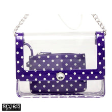 Load image into Gallery viewer, SCORE! Chrissy Medium Designer Clear Cross-body Bag -Royal Purple and White
