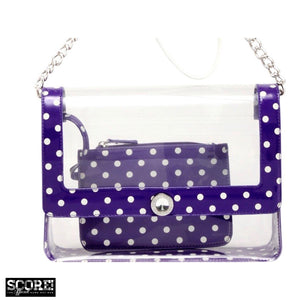 SCORE! Chrissy Medium Designer Clear Cross-body Bag -Royal Purple and White