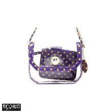 Load image into Gallery viewer, SCORE! Chrissy Small Designer Clear Crossbody Bag - Purple and Gold Yellow
