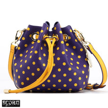 Load image into Gallery viewer, SCORE! Sarah Jean Small Crossbody Polka dot BoHo Bucket Bag - Purple and Gold Yellow
