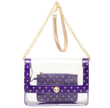 Load image into Gallery viewer, SCORE! Chrissy Medium Designer Clear Cross-body Bag -Royal Purple and Metallic Gold
