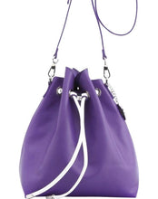 Load image into Gallery viewer, SCORE! Sarah Jean Crossbody Large BoHo Bucket Bag - Purple and White
