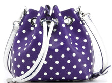 Load image into Gallery viewer, SCORE! Sarah Jean Small Crossbody Polka dot BoHo Bucket Bag - Purple and White
