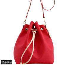 Load image into Gallery viewer, SCORE! Sarah Jean Crossbody Large BoHo Bucket Bag - Red and Gold
