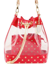 Load image into Gallery viewer, SCORE! Clear Sarah Jean Designer Crossbody Polka Dot Boho Bucket Bag-Red and Gold Gold
