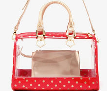 Load image into Gallery viewer, SCORE! Moniqua Large Designer Clear Crossbody Satchel - Red and Gold
