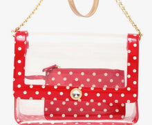 Load image into Gallery viewer, SCORE! Chrissy Medium Designer Clear Cross-body Bag -Racing Red, White and Metallic Gold
