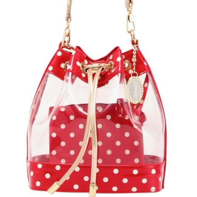 SCORE! Clear Sarah Jean Designer Crossbody Polka Dot Boho Bucket Bag-Red, White and Gold