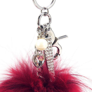 Real Fur Puff Ball Pom-Pom 6" Accessory Dangle Purse Charm - Red with Silver Hardware