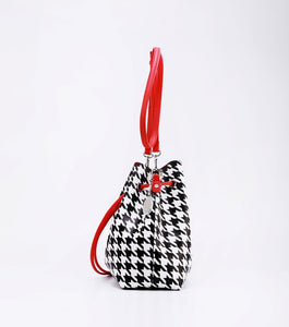 SCORE! Sarah Jean Crossbody Large BoHo Bucket Bag- Black and White Houndstooth and Red