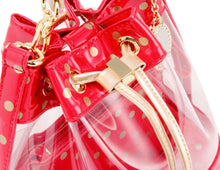 Load image into Gallery viewer, SCORE! Clear Sarah Jean Designer Crossbody Polka Dot Boho Bucket Bag-Red and Gold Gold
