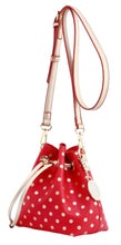 Load image into Gallery viewer, SCORE! Sarah Jean Small Crossbody Polka Dot BoHo Bucket Bag - Red and Gold
