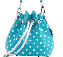 Load image into Gallery viewer, SCORE! Sarah Jean Small Crossbody Polka Dot BoHo Bucket Bag - Turquoise and Silver
