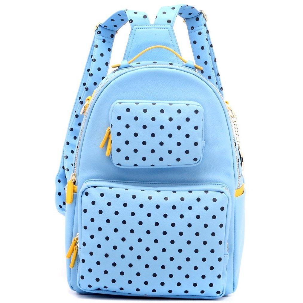 SCORE! Natalie Michelle Large Polka Dot Designer Backpack- Light Blue, Navy Blue & Yellow Gold