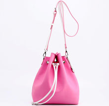 Load image into Gallery viewer, SCORE! Sarah Jean Crossbody Large BoHo Bucket Bag - Pink and White
