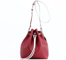 Load image into Gallery viewer, SCORE! Sarah Jean Crossbody Large BoHo Bucket Bag - Maroon Crimson and Silver
