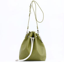 Load image into Gallery viewer, SCORE! Sarah Jean Crossbody Large BoHo Bucket Bag - Olive Green and White
