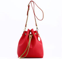 Load image into Gallery viewer, SCORE! Sarah Jean Crossbody Large BoHo Bucket Bag - Red and Olive Green
