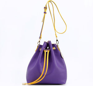 SCORE! Sarah Jean Crossbody Large BoHo Bucket Bag - Purple and Gold Yellow