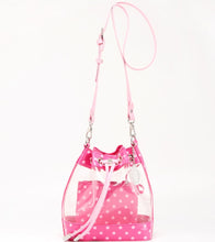 Load image into Gallery viewer, SCORE! Clear Sarah Jean Designer Crossbody Polka Dot Boho Bucket Bag-Fandango Hot Pink and Light Pink
