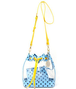 SCORE! Clear Sarah Jean Designer Crossbody Polka Dot Boho Bucket Bag-Light Blue, Navy Blue and Yellow Gold