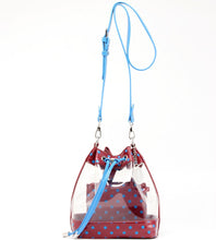 Load image into Gallery viewer, SCORE! Clear Sarah Jean Designer Crossbody Polka Dot Boho Bucket Bag-Maroon and Blue
