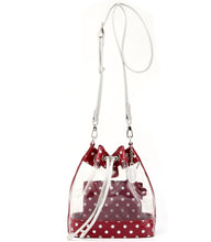Load image into Gallery viewer, SCORE! Clear Sarah Jean Designer Crossbody Polka Dot Boho Bucket Bag-Maroon Crimson and Silver
