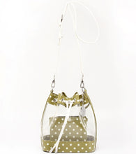 Load image into Gallery viewer, SCORE! Clear Sarah Jean Designer Crossbody Polka Dot Boho Bucket Bag-Olive Green and White
