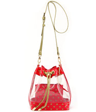 Load image into Gallery viewer, SCORE! Clear Sarah Jean Designer Crossbody Polka Dot Boho Bucket Bag-Red and Olive Green
