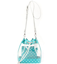 Load image into Gallery viewer, SCORE! Clear Sarah Jean Designer Crossbody Polka Dot Boho Bucket Bag-Turquoise and Silver
