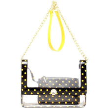 Load image into Gallery viewer, SCORE! Chrissy Medium Designer Clear Cross-body Bag -Black &amp;Yellow Gold UWO Titans,  Kennesaw State University Owls, Iowa Hawkeyes, Missouri Mizzou Tiger, Appalachian State University Mountaineers, West Liberty University Hilltoppers, University of South Mississippi Golden Eagles, VCU Rams, Northern Kentucky Norse, Wichita State Shockers, Towson Tigers, UMBC Retrievers, Appalachian State Mountaineers, Grambling State Tigers, Alabama State Hornets, Arkansas-Pine Bluff Golden Lions
