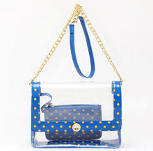 Load image into Gallery viewer, SCORE! Chrissy Medium Designer Clear Cross-body Bag-Imperial Blue and Yellow Gold

