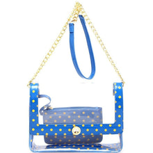 Load image into Gallery viewer, SCORE! Chrissy Medium Designer Clear Cross-body Bag-Imperial Blue and Yellow Gold
