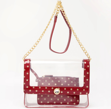Load image into Gallery viewer, SCORE! Chrissy Medium Designer Clear Cross-body Bag - Maroon and Gold
