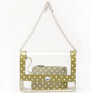 SCORE! Chrissy Medium Designer Clear Cross-body Bag - Olive Green and White