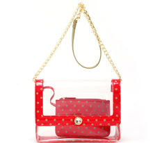 Load image into Gallery viewer, SCORE! Chrissy Medium Designer Clear Cross-body Bag - Red and Olive Green
