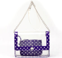 Load image into Gallery viewer, SCORE! Chrissy Medium Designer Clear Cross-body Bag -Royal Purple and White

