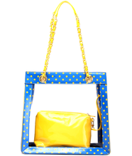 Load image into Gallery viewer, SCORE! Andrea Large Clear Designer Tote for School, Work, Travel - Imperial Blue and  Yellow Gold
