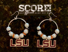 Load image into Gallery viewer, LSU Logo Hoop Pearl &amp; Rhinestone Earrings

