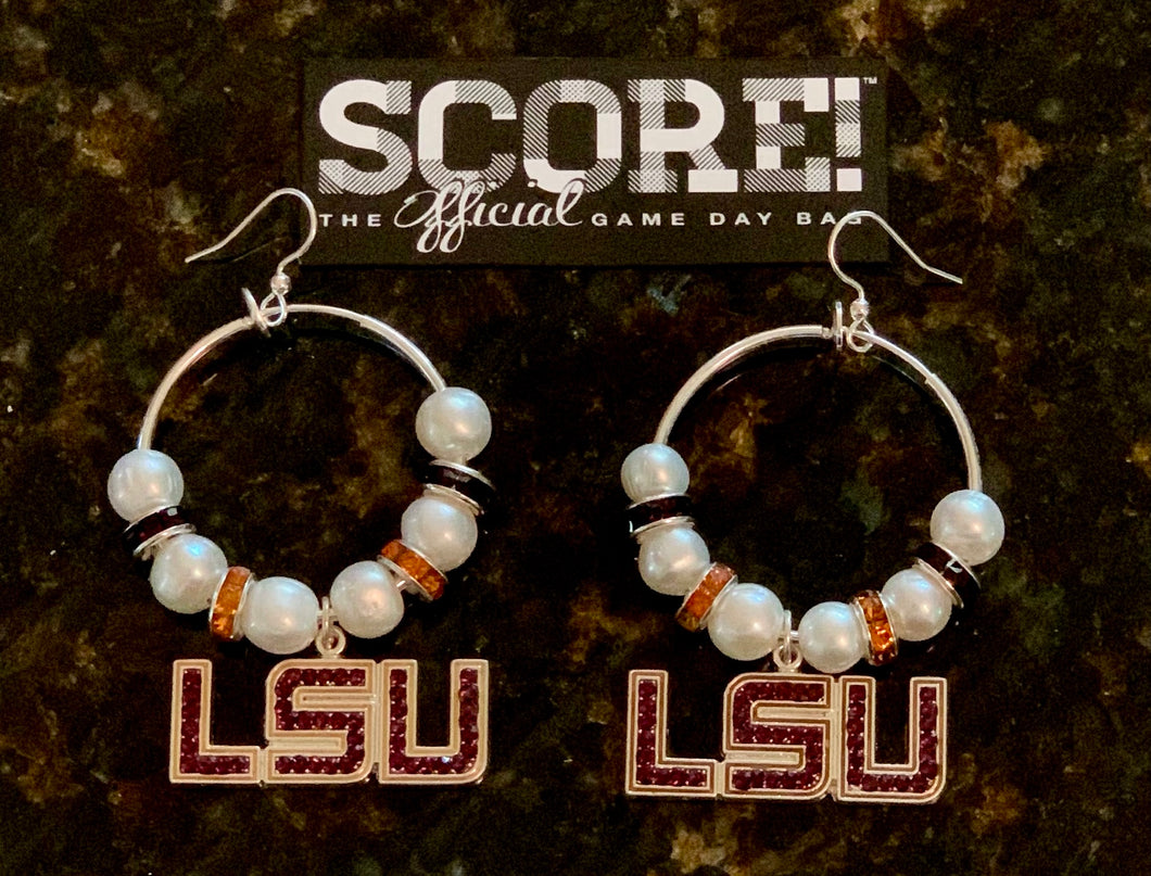 LSU Logo Hoop Pearl & Rhinestone Earrings