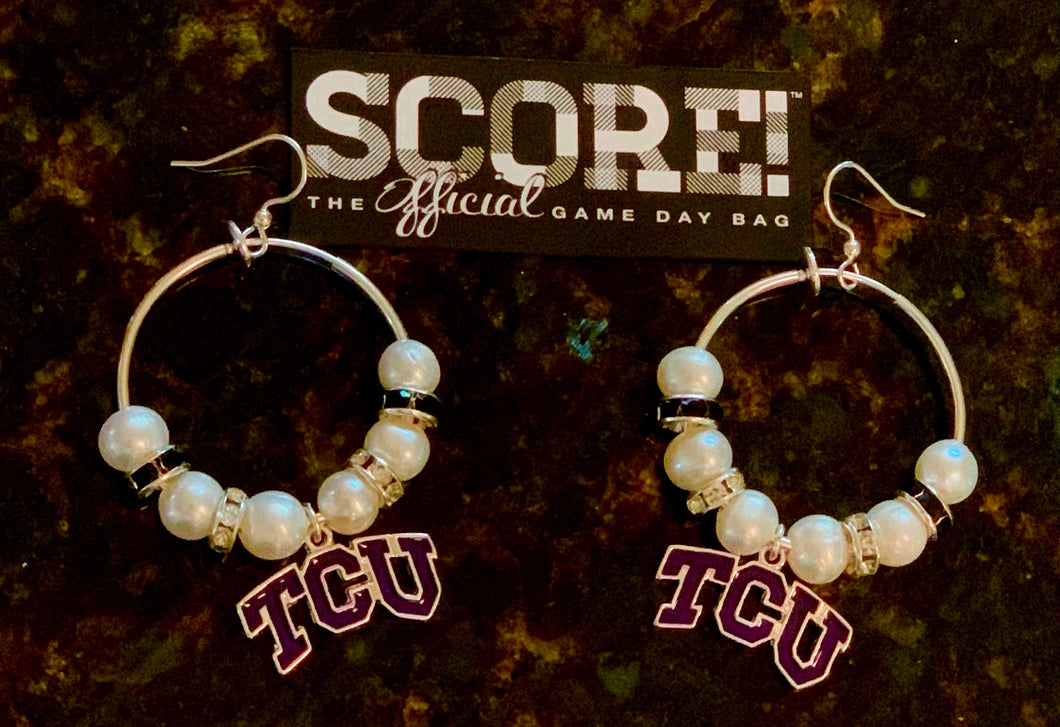 TCU Logo Hoop Pearl & Rhinestone Earrings