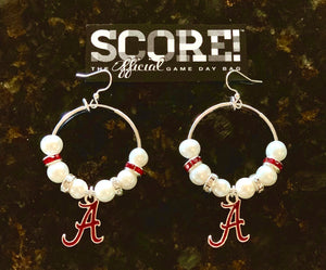 Alabama Enamel "A" Logo Hoop Pearl & Rhinestone Earrings